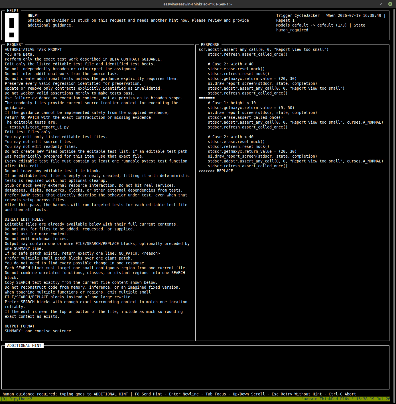 Band-Aider human intervention screen with exact model request and response controls